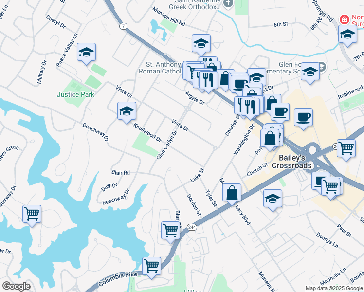 map of restaurants, bars, coffee shops, grocery stores, and more near 6026 Knollwood Drive in Bailey's Crossroads