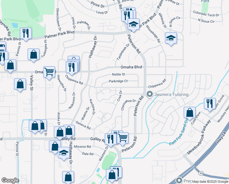 map of restaurants, bars, coffee shops, grocery stores, and more near 1363 Soaring Eagle Drive in Colorado Springs