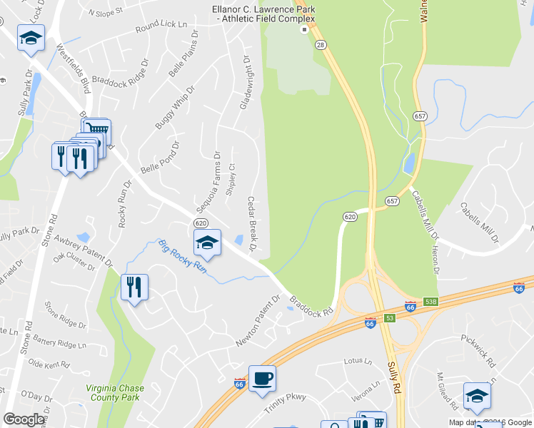 map of restaurants, bars, coffee shops, grocery stores, and more near 14286 Jameson Ct in Centreville
