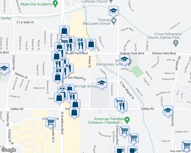 map of restaurants, bars, coffee shops, grocery stores, and more near 4015 Foster Circle in Colorado Springs