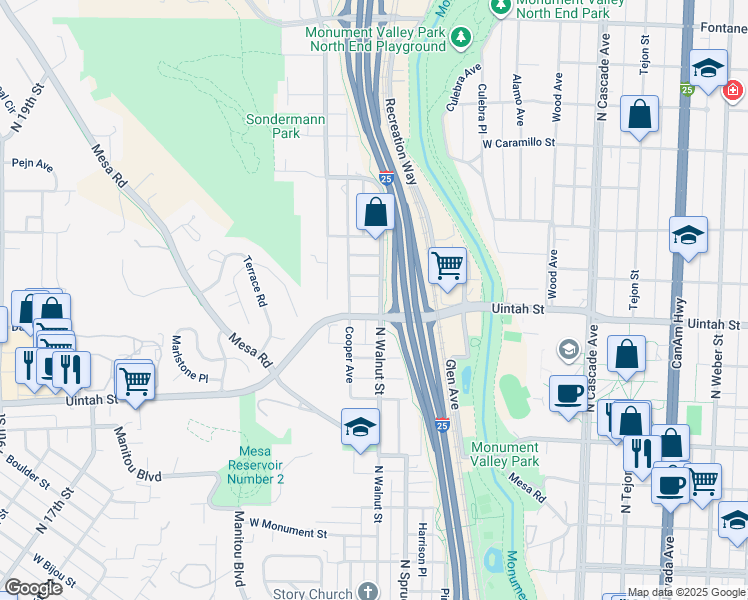 map of restaurants, bars, coffee shops, grocery stores, and more near 1212 North Walnut Street in Colorado Springs