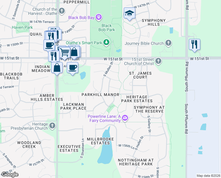 map of restaurants, bars, coffee shops, grocery stores, and more near 14583 West 152nd Place in Olathe