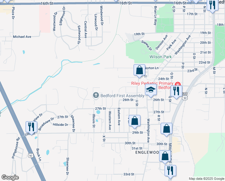 map of restaurants, bars, coffee shops, grocery stores, and more near 2631 Clover Lane in Bedford