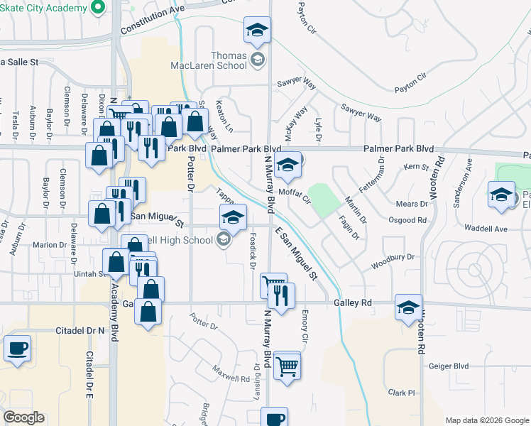 map of restaurants, bars, coffee shops, grocery stores, and more near 1310 North Murray Boulevard in Colorado Springs