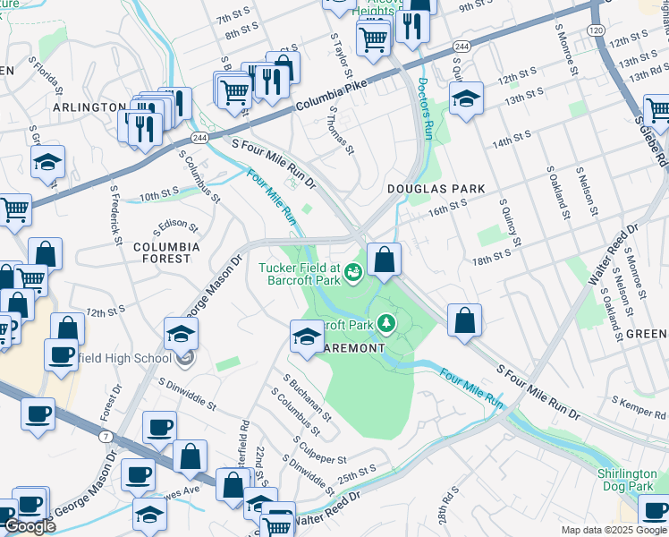 map of restaurants, bars, coffee shops, grocery stores, and more near 1521 South George Mason Drive in Arlington
