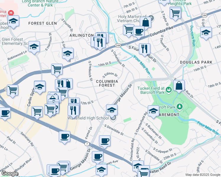 map of restaurants, bars, coffee shops, grocery stores, and more near 1127 South Edison Street in Arlington