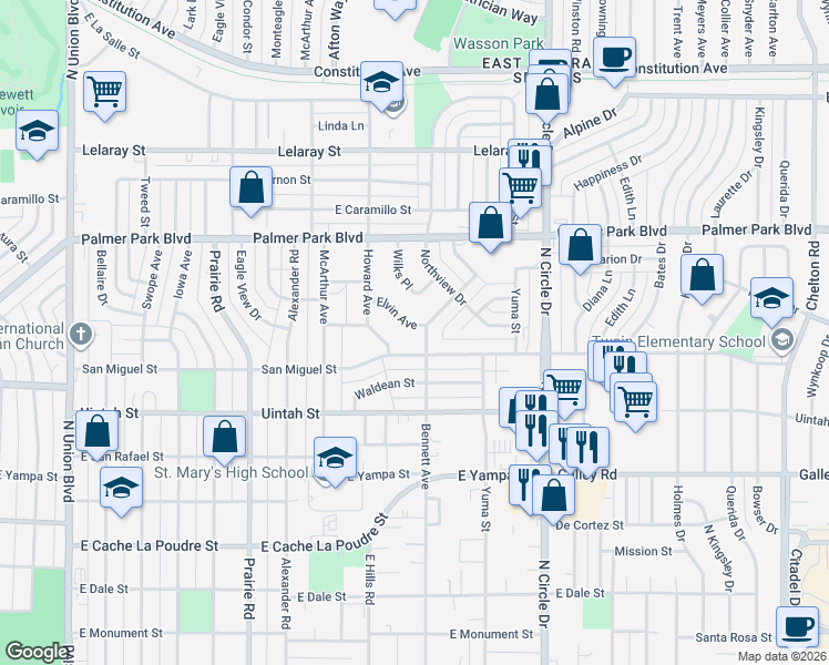 map of restaurants, bars, coffee shops, grocery stores, and more near 2575 Elvin Avenue in Colorado Springs