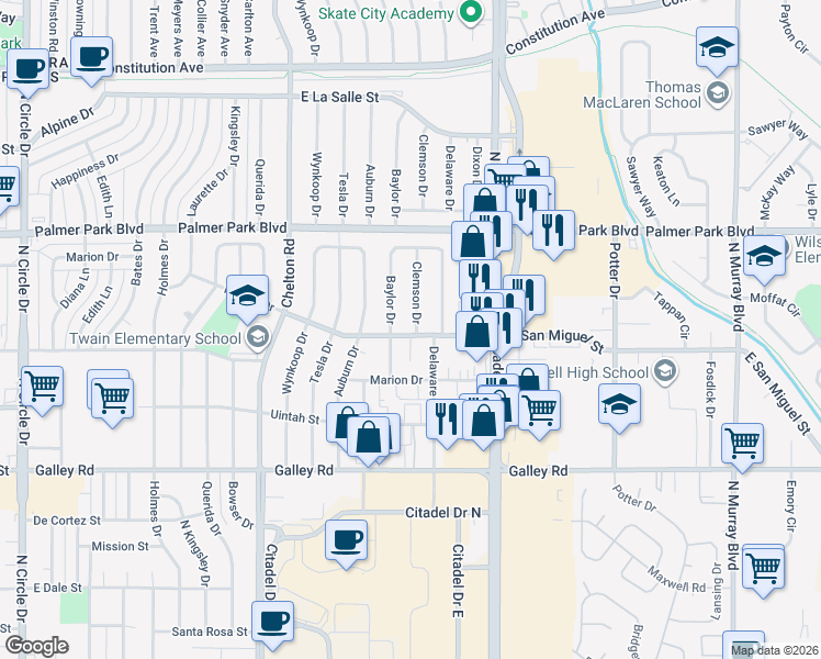 map of restaurants, bars, coffee shops, grocery stores, and more near 1307 Clemson Drive in Colorado Springs