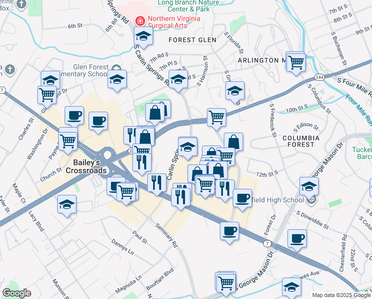 map of restaurants, bars, coffee shops, grocery stores, and more near 3421 Carlin Springs Road in Bailey's Crossroads