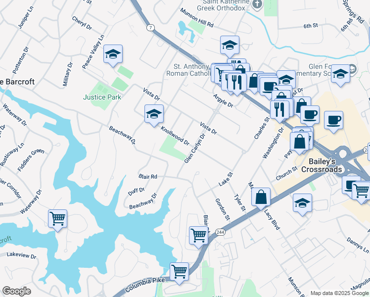 map of restaurants, bars, coffee shops, grocery stores, and more near 6101 Knollwood Drive in Falls Church
