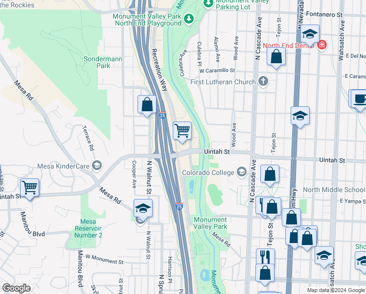 map of restaurants, bars, coffee shops, grocery stores, and more near 330 West Uintah Street in Colorado Springs