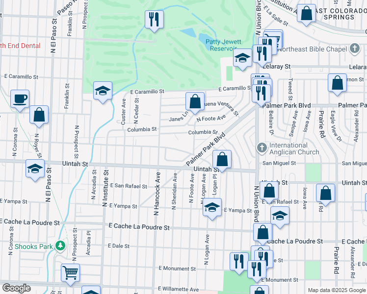 map of restaurants, bars, coffee shops, grocery stores, and more near 1316 East San Miguel Street in Colorado Springs
