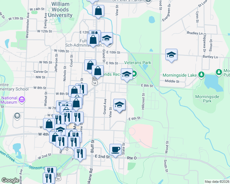 map of restaurants, bars, coffee shops, grocery stores, and more near 501 East 7th Street in Fulton