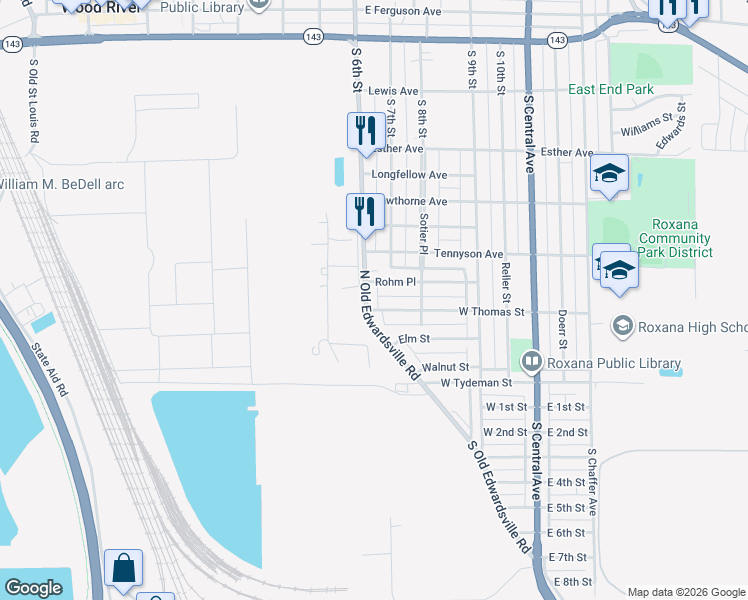 map of restaurants, bars, coffee shops, grocery stores, and more near 330 West Thomas Street in Roxana