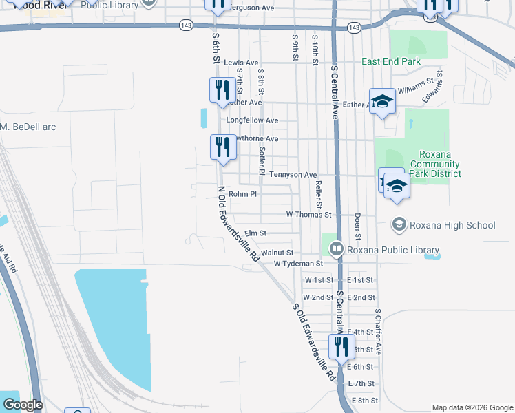map of restaurants, bars, coffee shops, grocery stores, and more near 404 Clark Street in Roxana