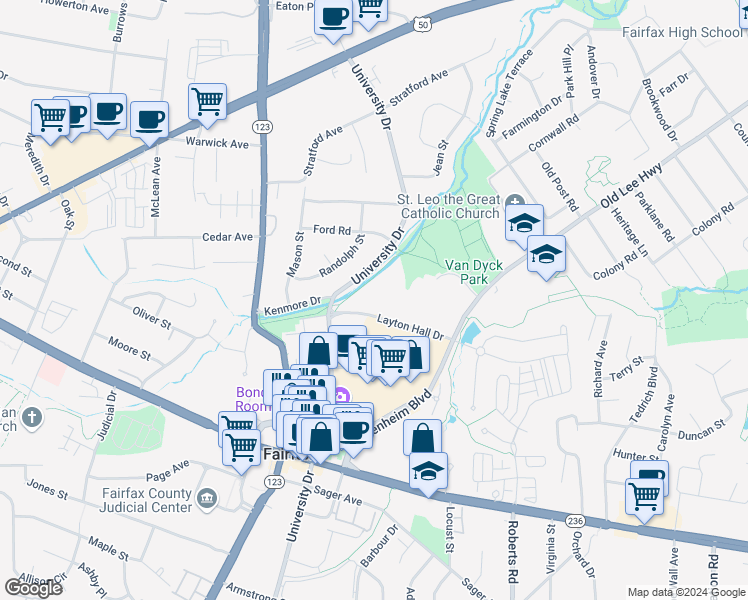 map of restaurants, bars, coffee shops, grocery stores, and more near 10332 Layton Hall Dr in Fairfax