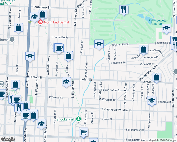map of restaurants, bars, coffee shops, grocery stores, and more near 1233 North Prospect Street in Colorado Springs