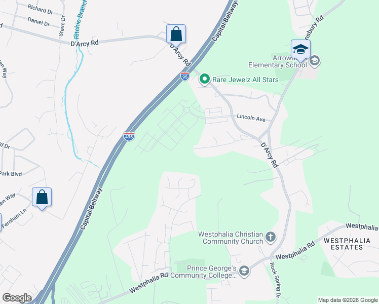 map of restaurants, bars, coffee shops, grocery stores, and more near 8901 Cherry Lane South in Upper Marlboro