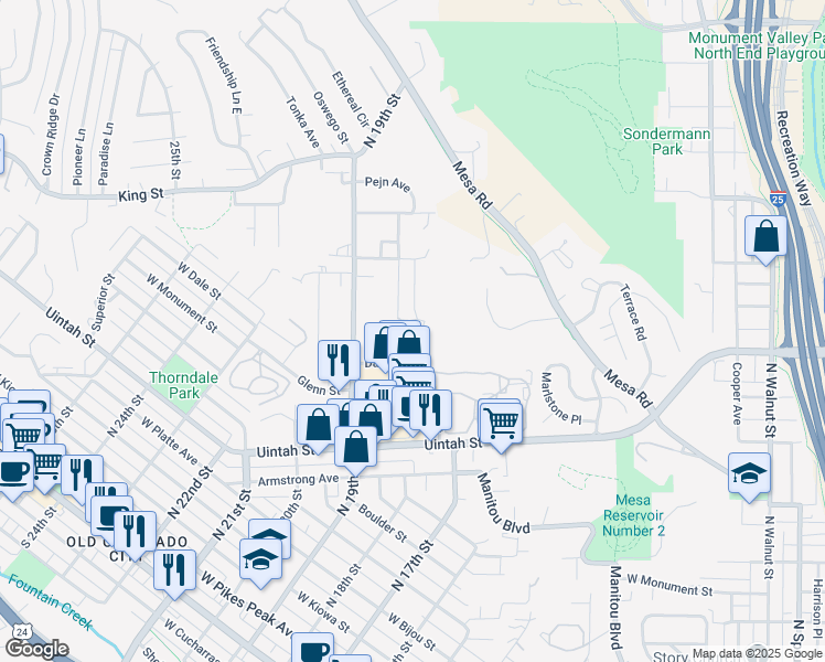 map of restaurants, bars, coffee shops, grocery stores, and more near 880 North 17th Street in Colorado Springs