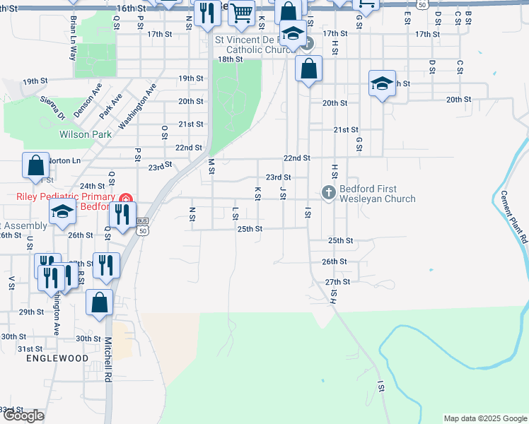 map of restaurants, bars, coffee shops, grocery stores, and more near 2416 K Street in Bedford