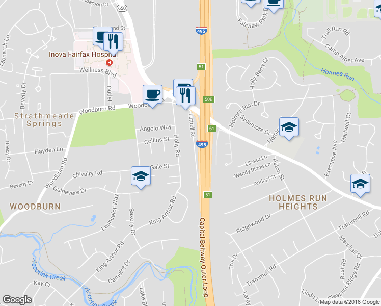 map of restaurants, bars, coffee shops, grocery stores, and more near 3430 Luttrell Road in Annandale