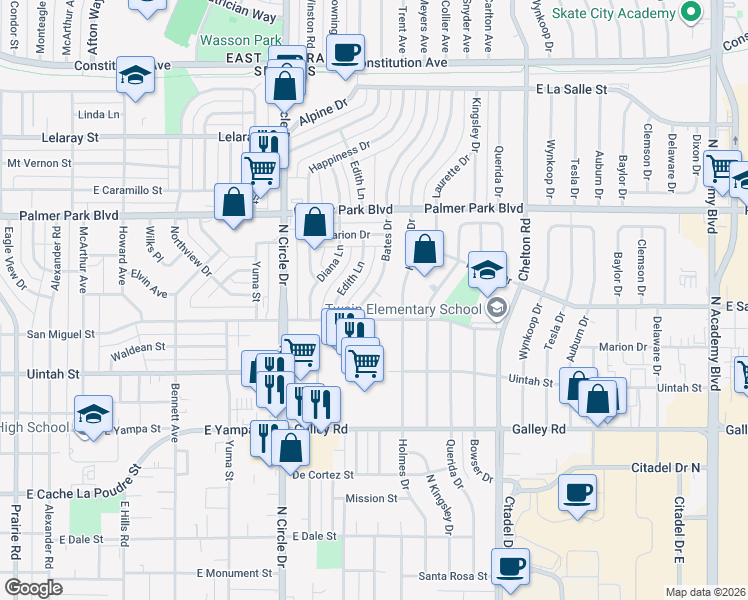 map of restaurants, bars, coffee shops, grocery stores, and more near 1321 Bates Drive in Colorado Springs