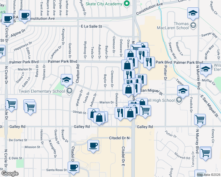 map of restaurants, bars, coffee shops, grocery stores, and more near 1307 Clemson Drive in Colorado Springs
