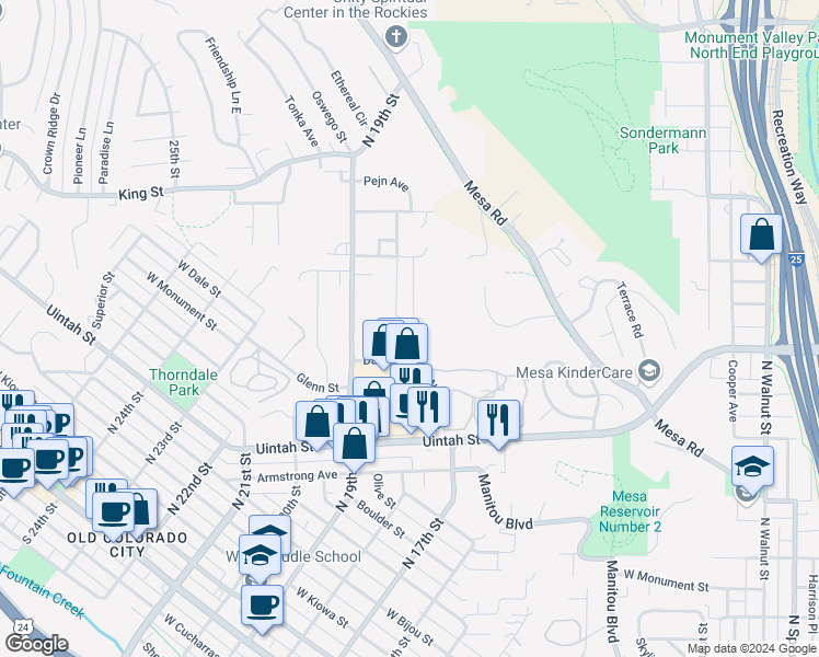 map of restaurants, bars, coffee shops, grocery stores, and more near 880 North 17th Street in Colorado Springs