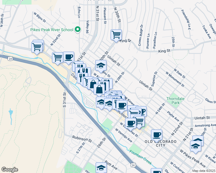map of restaurants, bars, coffee shops, grocery stores, and more near 2809 West Kiowa Street in Colorado Springs