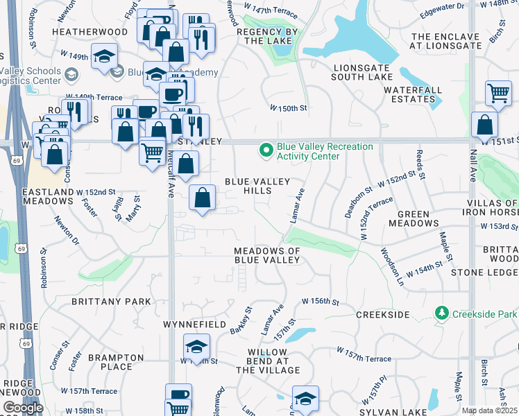 map of restaurants, bars, coffee shops, grocery stores, and more near 6629 West 152nd Street in Overland Park