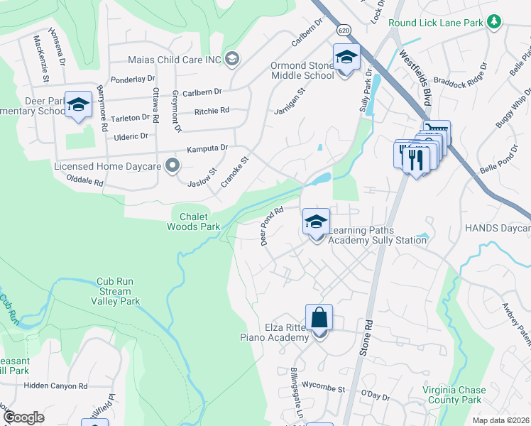 map of restaurants, bars, coffee shops, grocery stores, and more near 5718 Deer Pond Road in Centreville