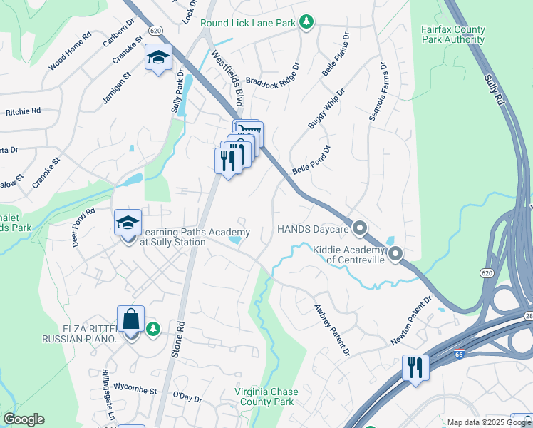 map of restaurants, bars, coffee shops, grocery stores, and more near 5616 Rocky Run Dr in Centreville