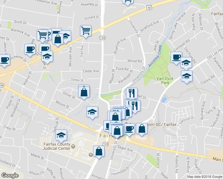 map of restaurants, bars, coffee shops, grocery stores, and more near 3719 Mason Street in Fairfax