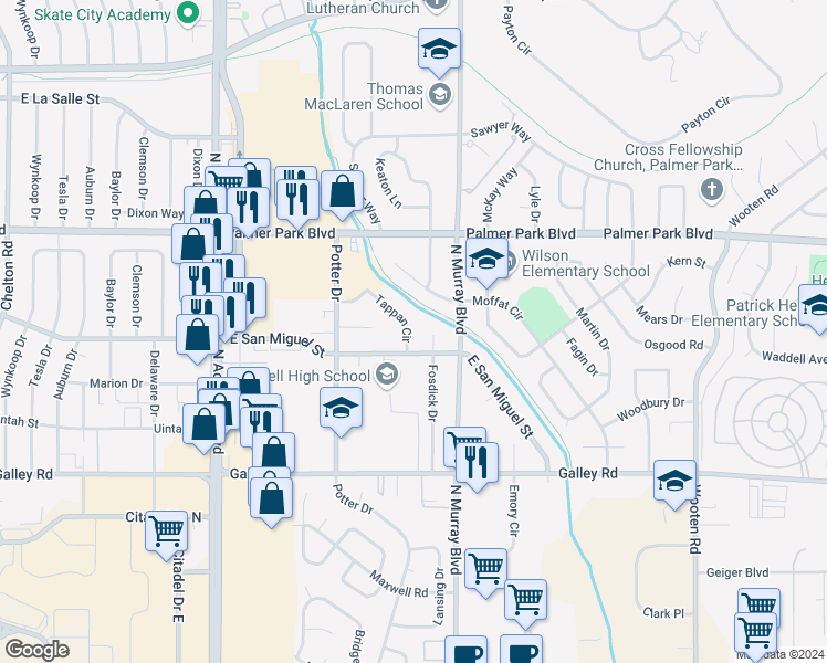 map of restaurants, bars, coffee shops, grocery stores, and more near 1311 Tappan Circle in Colorado Springs