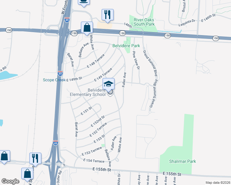 map of restaurants, bars, coffee shops, grocery stores, and more near 15011 White Avenue in Grandview