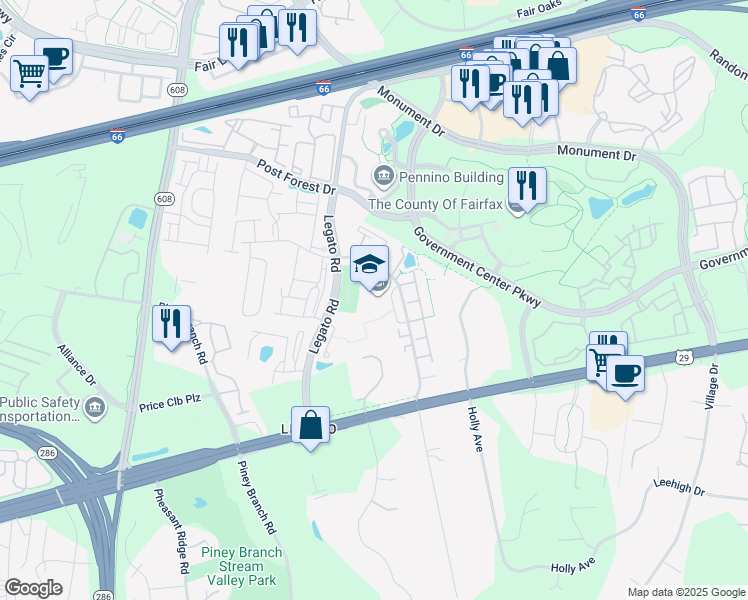 map of restaurants, bars, coffee shops, grocery stores, and more near 4500 Dixie Hill Road in Fairfax