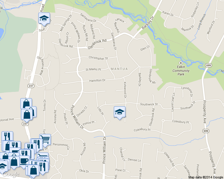 map of restaurants, bars, coffee shops, grocery stores, and more near 9108 Courtley Court in Fairfax