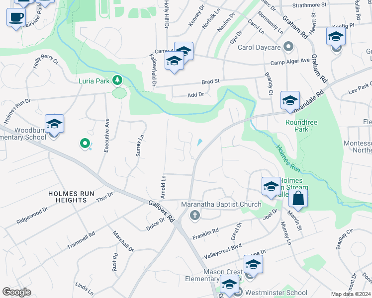 map of restaurants, bars, coffee shops, grocery stores, and more near 3405 Silver Maple Place in Falls Church