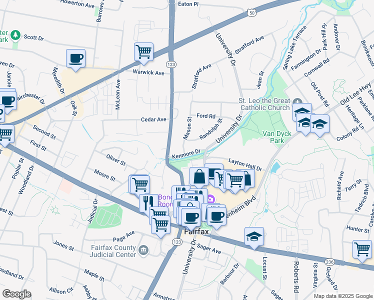 map of restaurants, bars, coffee shops, grocery stores, and more near 3719 Mason Street in Fairfax