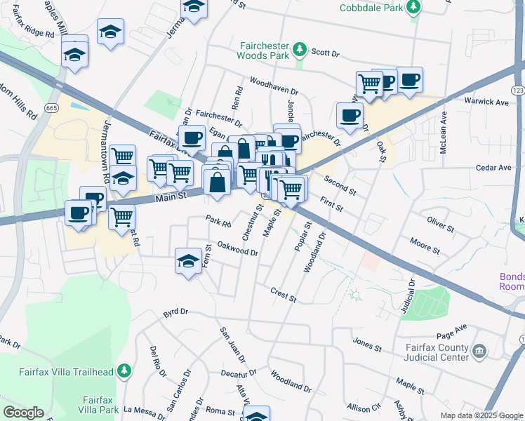 map of restaurants, bars, coffee shops, grocery stores, and more near 4009 Chestnut Street in Fairfax
