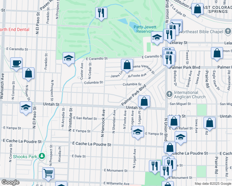 map of restaurants, bars, coffee shops, grocery stores, and more near 1304 East San Miguel Street in Colorado Springs