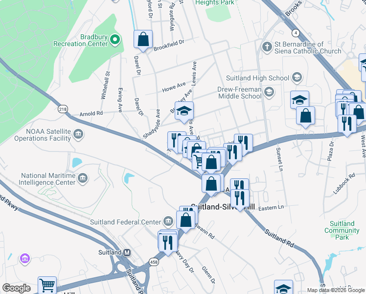 map of restaurants, bars, coffee shops, grocery stores, and more near 4687 Towne Park Road in Suitland-Silver Hill
