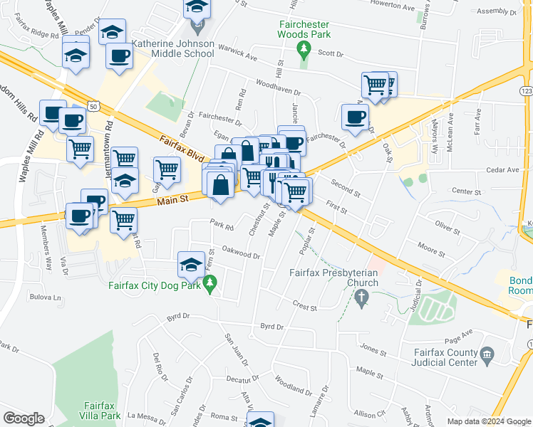 map of restaurants, bars, coffee shops, grocery stores, and more near 4009 Chestnut Street in Fairfax