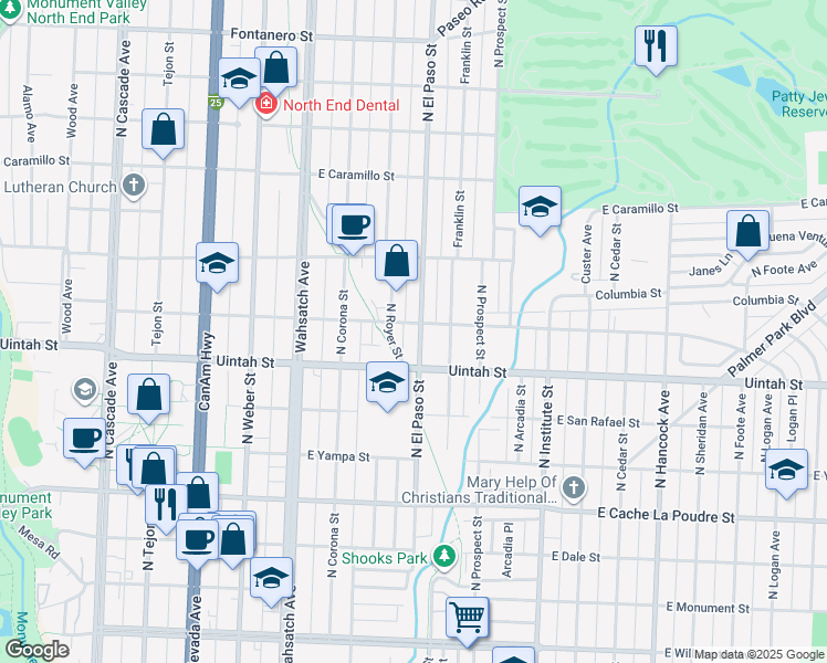 map of restaurants, bars, coffee shops, grocery stores, and more near 1232 North El Paso Street in Colorado Springs