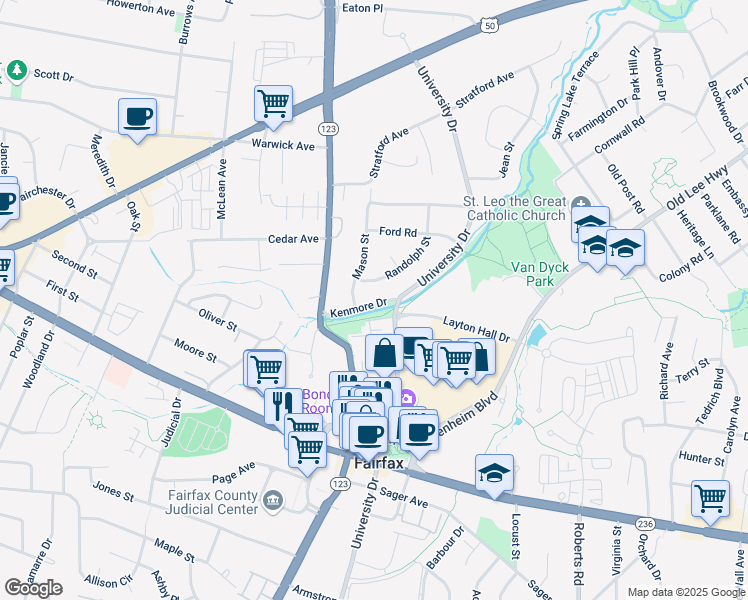 map of restaurants, bars, coffee shops, grocery stores, and more near 10404 Kenmore Drive in Fairfax
