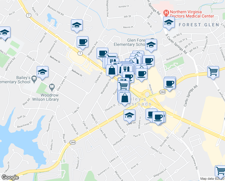 map of restaurants, bars, coffee shops, grocery stores, and more near 3432 Payne Street in Falls Church