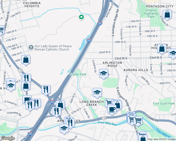 map of restaurants, bars, coffee shops, grocery stores, and more near 2349 South Queen Street in Arlington