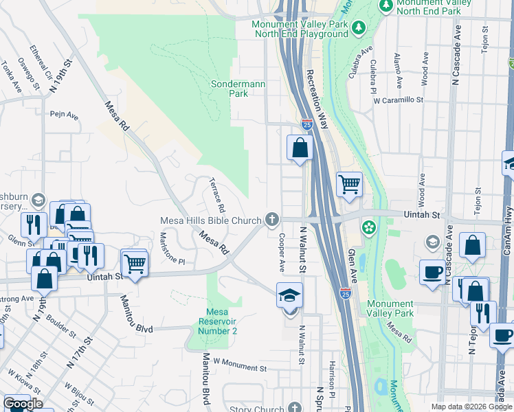 map of restaurants, bars, coffee shops, grocery stores, and more near 1216 North Chestnut Street in Colorado Springs