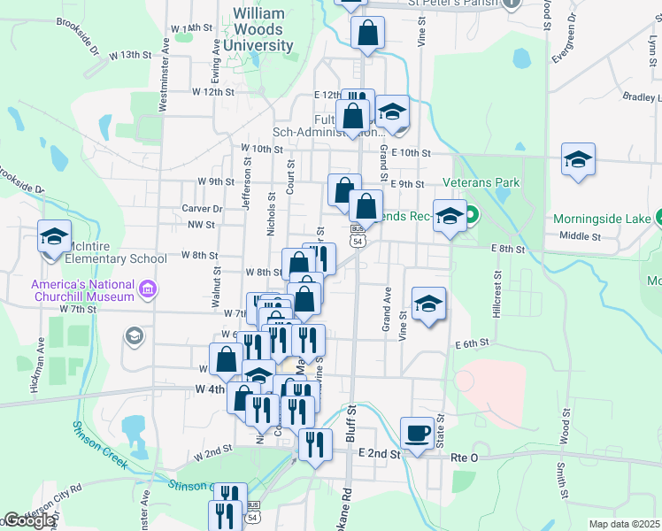 map of restaurants, bars, coffee shops, grocery stores, and more near 205 Saint Louis Avenue in Fulton