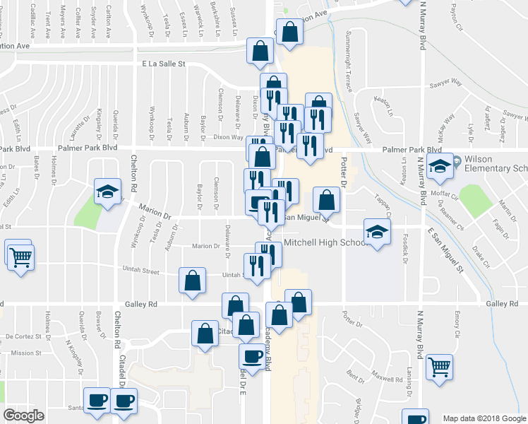 map of restaurants, bars, coffee shops, grocery stores, and more near 1304 N Academy Blvd in Colorado Springs